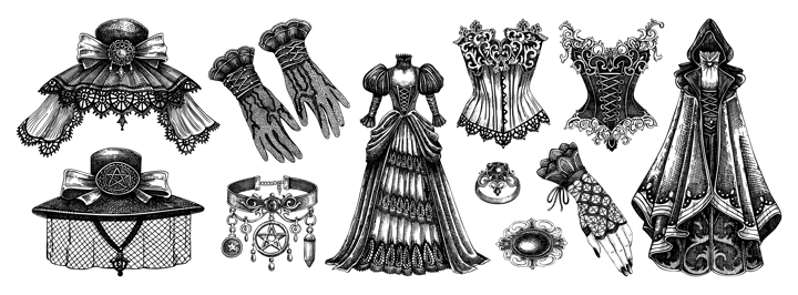 Victorian clothes hand-drawn vector illustrations. Romantic gothic fashion designs. Engraved style Halloween dresses and accesories. Historical costume elements. NOT AI generated